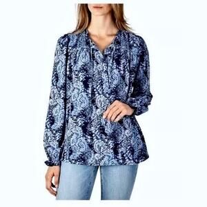 JOIE Blue Abstract Paisley Print Pleated Boho Peasant Blouse Full Sleeve Coastal